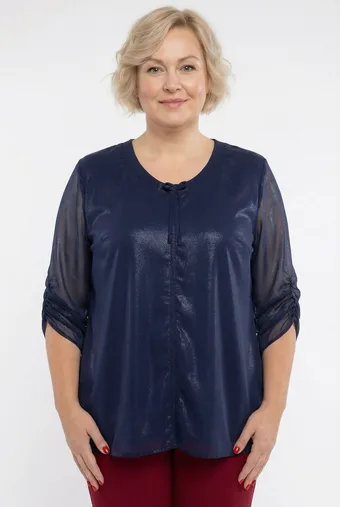 Tamsiai šifoninė palaidinė su raišteliais ir baltais raštais