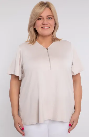 Smėlio spalvos lininė palaidinė su ažūriniais pečiais